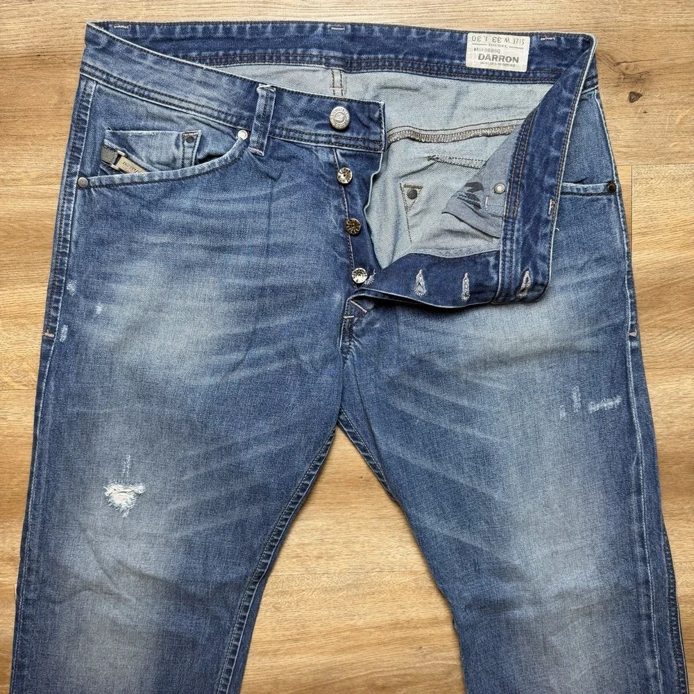 Diesel Darron Jeans Men 33x30 Blue Slim Tapered Medium Wash Distress Faded 0886Q - Picture 2 of 16